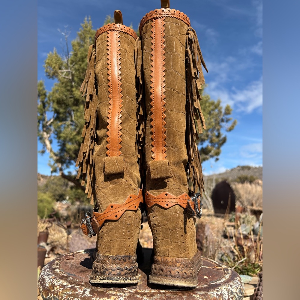El Vaquero Silverstone Suede Fringed Tall Wedge Belted Moccasin Boots - Picture 8 of 16